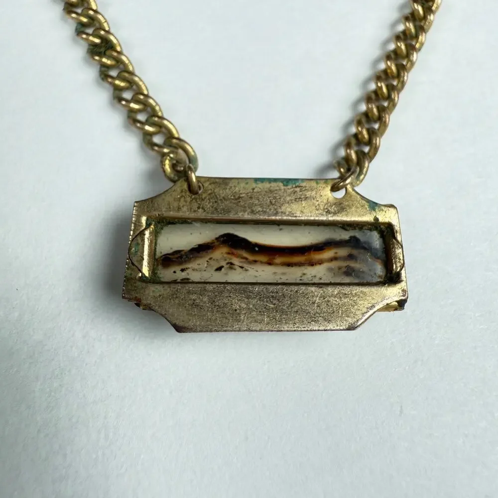 Vintage Campua Gold-Tone Tie Clip with Scenic Inlay Pendant Chain